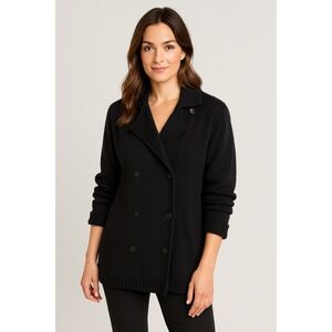 Talbots VTG Knit Ribbed Jacket Sweater Wool Cashmere Black Double Breasted PM